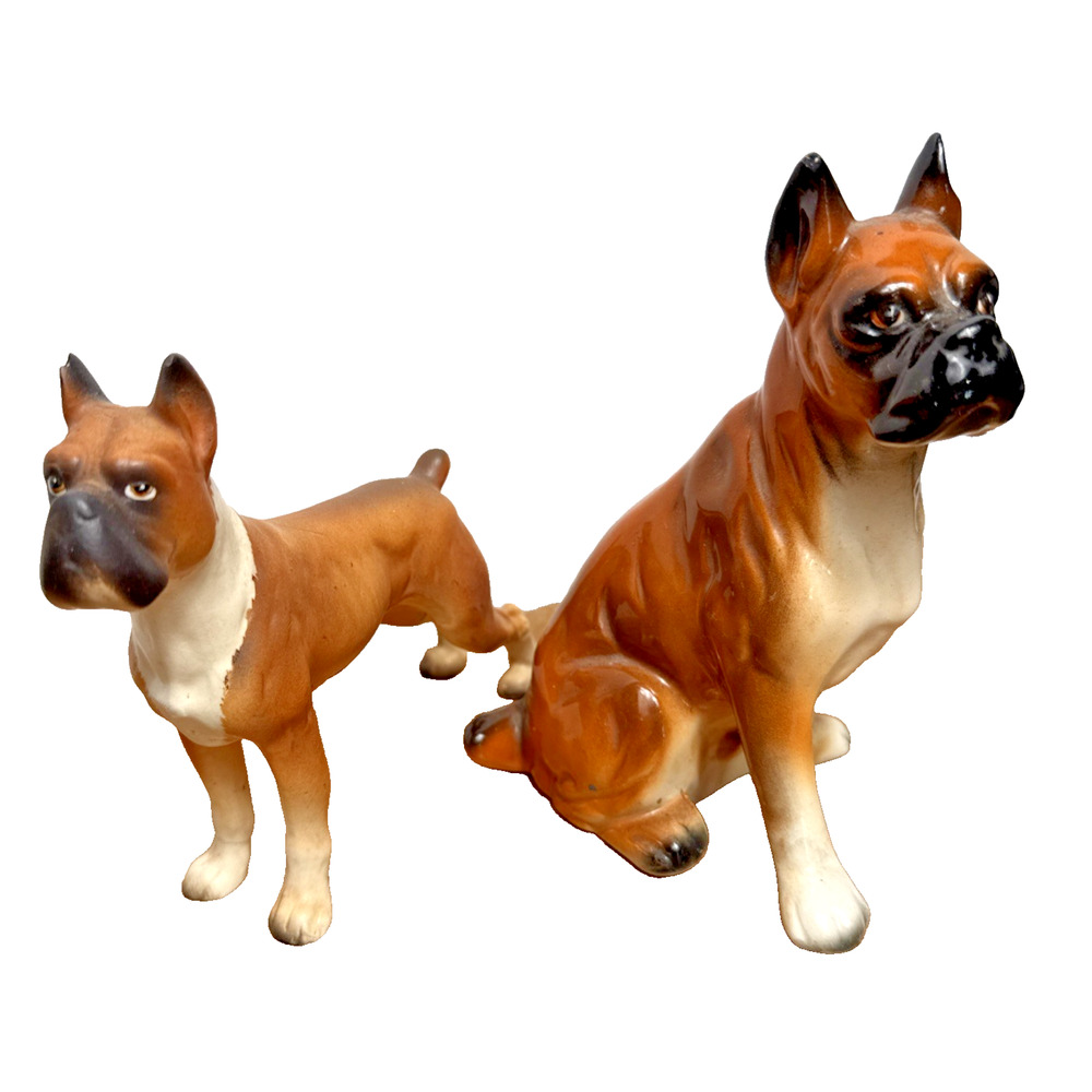 Vintage Boxer Dog Figurines Marked Japan Ceramic Small Animal Decor 1970s READ